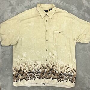 Puritan Mens 2XL Tropical Floral Monstera Rayon Button Down Shirt Tan